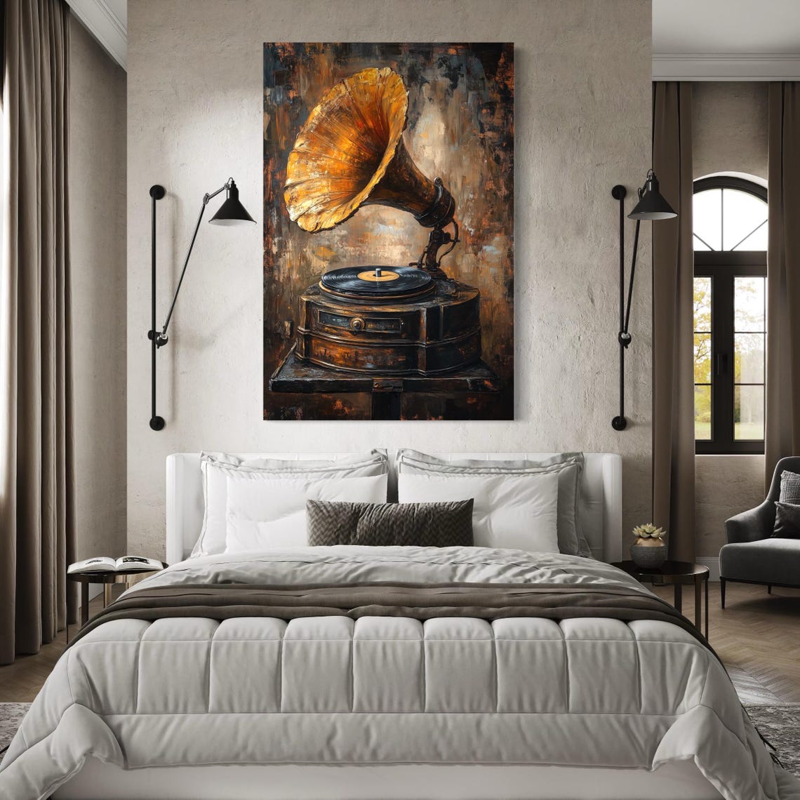 A room mockup showing a vintage gramophone wall artwork above a table and chairs