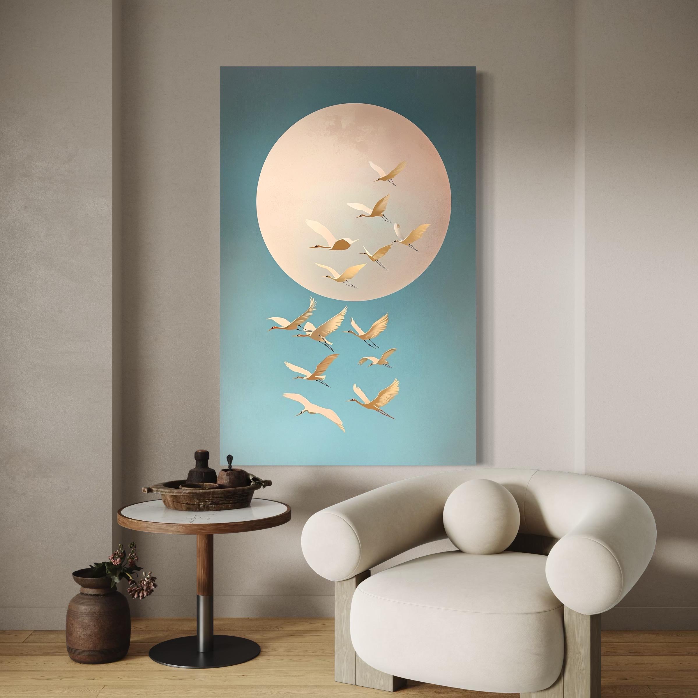 Room mockup showing a wall hanging with birds in flight around a pale moon