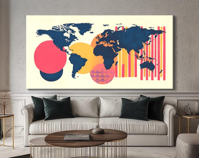 Modern Geometric Map Wall Art Abstract Global Canvas Decor Colorful Living Room Print World Map Artwork Contemporary Wall Canvas
