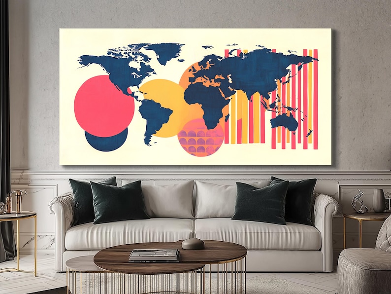 Abstract world map with navy-blue continents, coral and mustard geometric shapes and vertical stripes