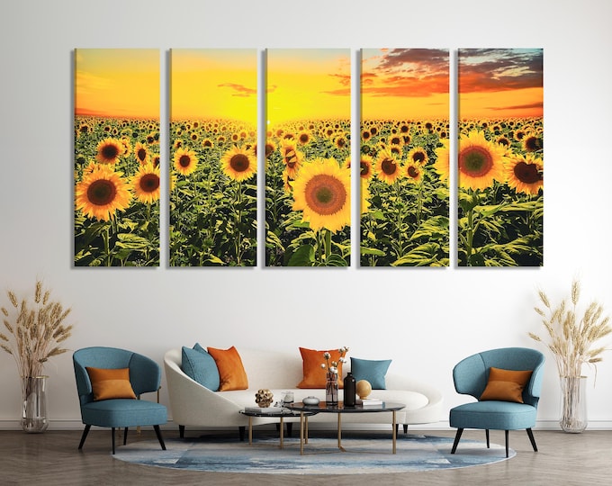 Sunflower Field Canvas Print, Sunset Landscape Wall Art, Bright Floral Decor, Large 3 Panel Sunflower Artwork, Vibrant Nature Canvas Print