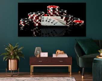 Pokerraum Wanddekoration - Extragroße Kasino Wandkunst, Spielkarten und Chips Kunstdruck, Glücksspiel Kunstwerk für Spielzimmer oder Lounge Dekor