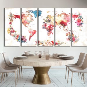 Abstract Floral World Map Canvas Print Colorful Watercolor Map Wall Art ...