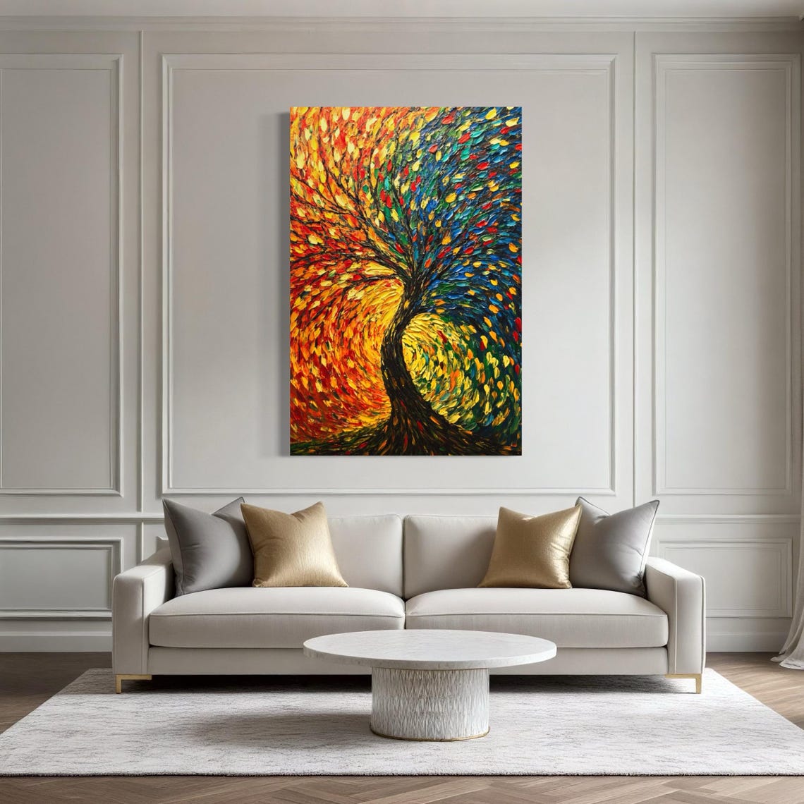 Colourful abstract tree artwork with a dark trunk and swirling canopy in red, yellow, blue and green detail view