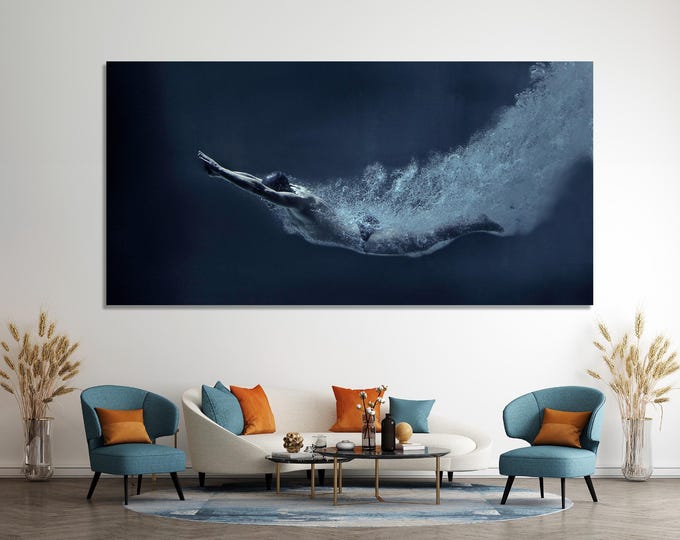 Swimmer Wall Art - Underwater Diver Canvas Print, Modern Water Sports Artwork, Underwater Swimmer Art Print, Contemporary Sports Wall Decor