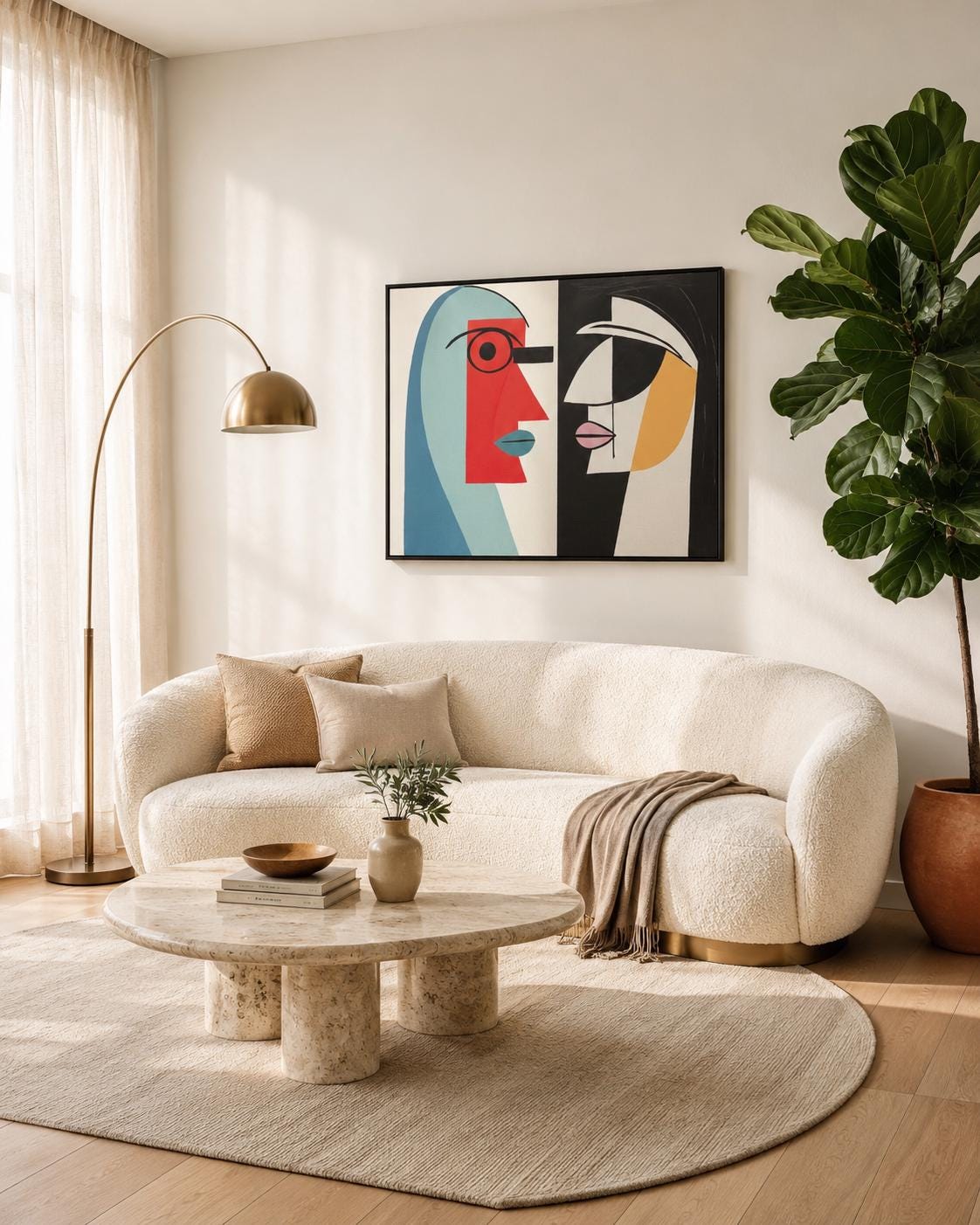 A geometric, cubist-style couple of abstract faces sits within a two-panel composition, using bold red, teal, black and white with warm ochre accents