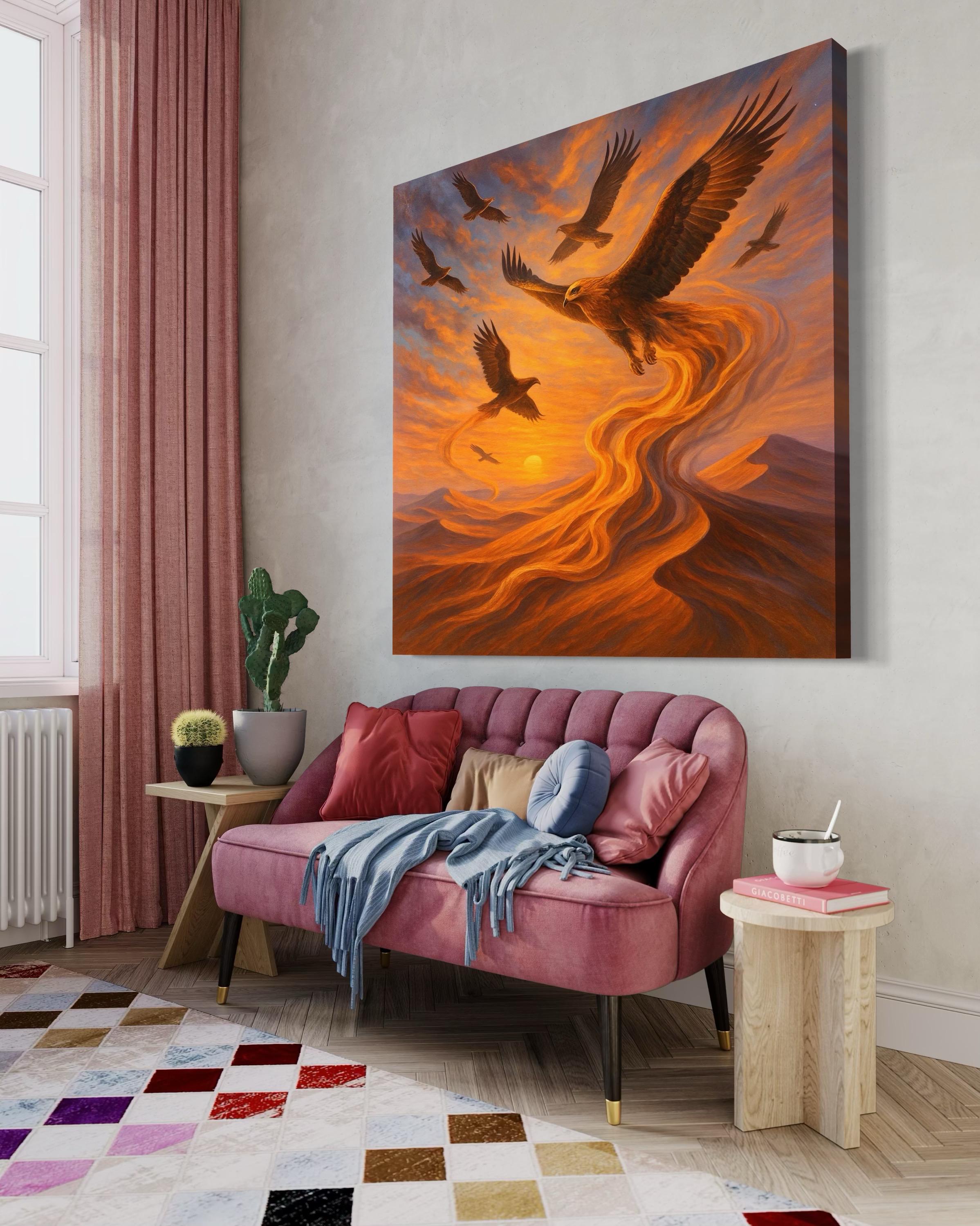 A golden eagle in mid-flight dominates a fiery mountain sunset, with a warm orange sky, swirling river-like lava forms and several smaller birds