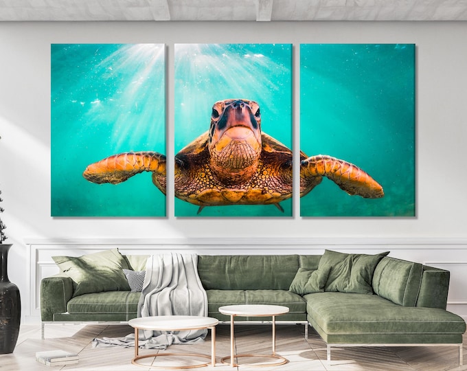 Hawaiian Green Sea Turtle Canvas Art, Pacific Ocean Sea Life Wall Decor, XXL Multi-Panel Turtle Cruising Print, Coastal Beach Home Wall Art