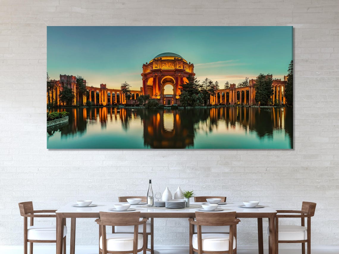Three-panel sunset architectural scene with a domed pavilion, columns and reflections in calm water detail view