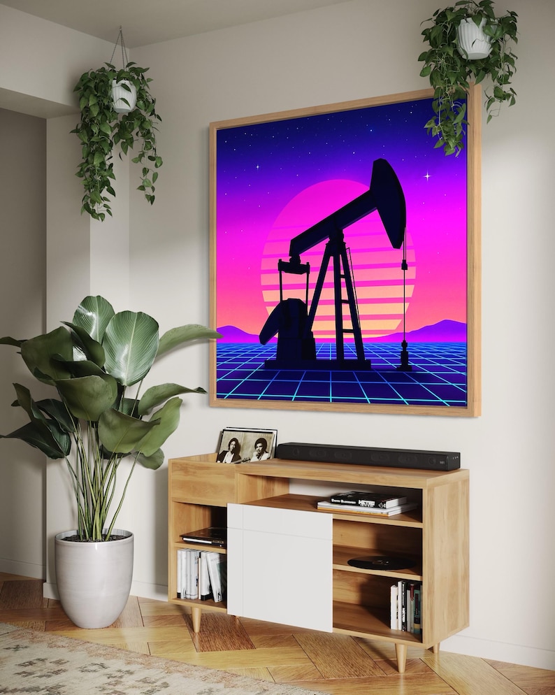 Neon synthwave artwork of an oil pumpjack silhouette with a purple-pink sunset and blue grid floor