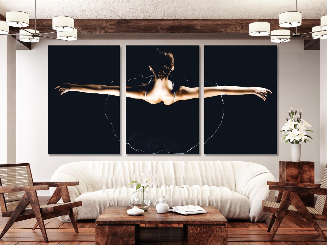 Monochrome multi-panel ballet dancer portrait with outstretched arms against a dark background detail view