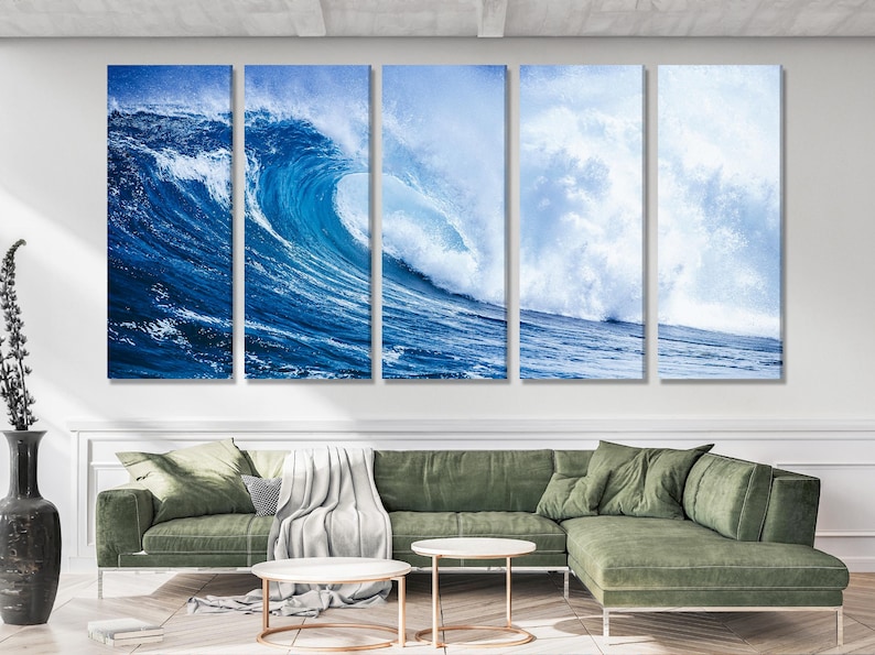 A split set of ocean wave scenes shows a powerful crest breaking, with deep blues and foamy white spray against a bright sky backdrop