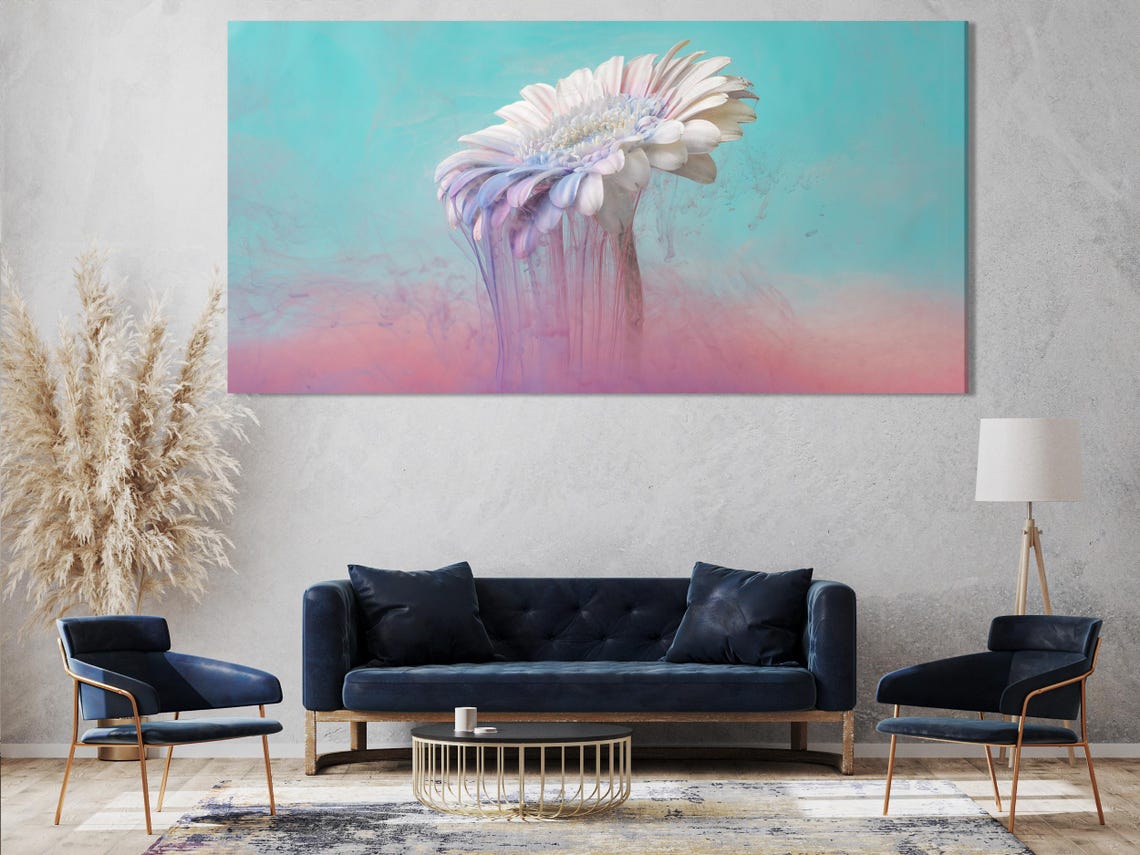 Five-panel pastel floral artwork with a white blossom over blue and pink gradients detail view
