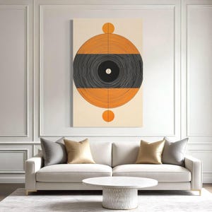 Mid Century Modern Wall Art - Vinyl Record Inspired Canvas, Beige & Orange Retro Wall Decor, Abstract Music Print, Geometric Minimalist Art