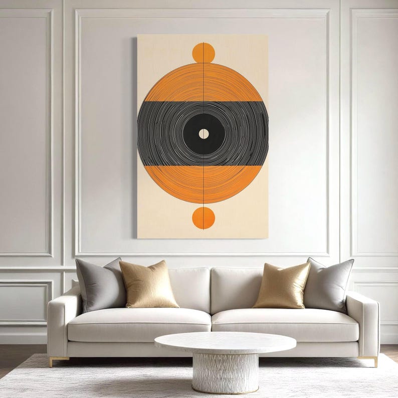 Geometric record-inspired artwork with concentric black rings and warm orange sections on a beige background