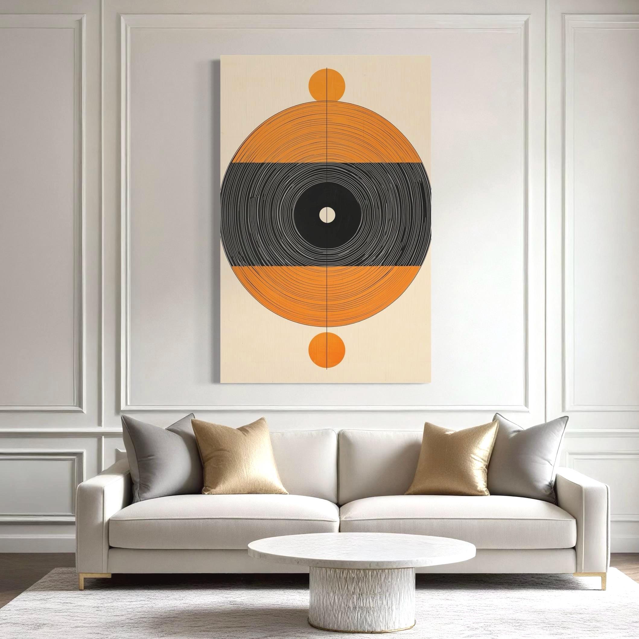 Geometric record-inspired artwork with concentric black rings and warm orange sections on a beige background