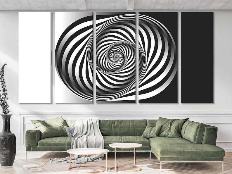 A monochrome spiral of tightly curving white and black bands draws inward to a small central swirl, creating an optical illusion effect