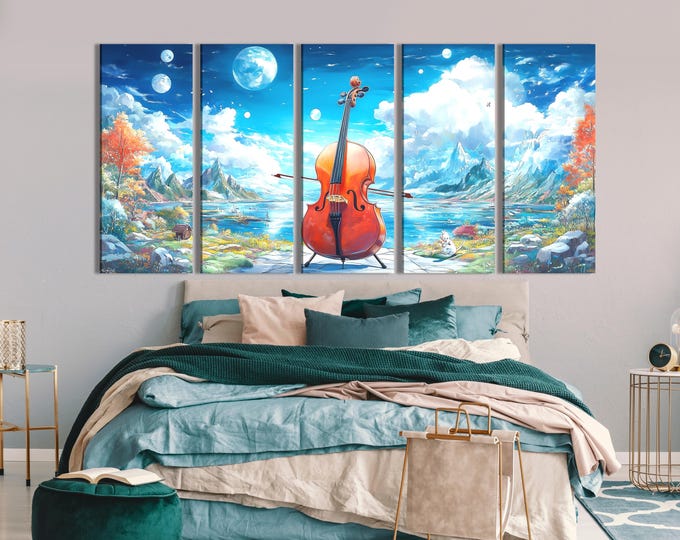 Cello Wall Art Landscape Canvas Print Musical Instrument Artwork Music Lover Gift Cello Decor Bedroom Wall Decor Musician Home Wall Art