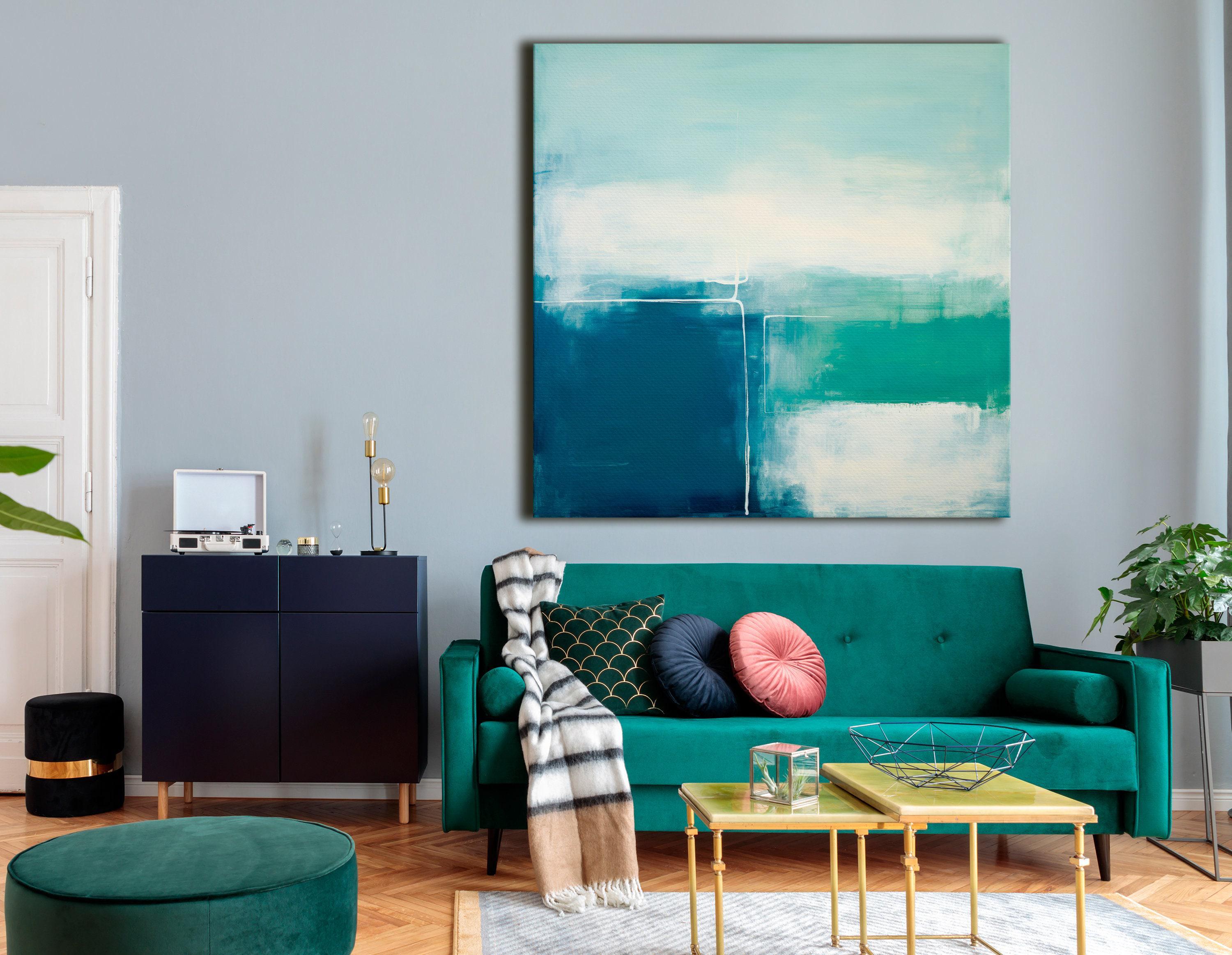 Teal and seafoam abstract artwork with faint geometric linework detail view