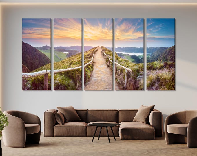 Azores Island Print Sunset Art Hiking Trail Wall Art Lake Multi-Panel Wall Art Panoramic Nature Canvas Print Azores Island Canvas Art Print
