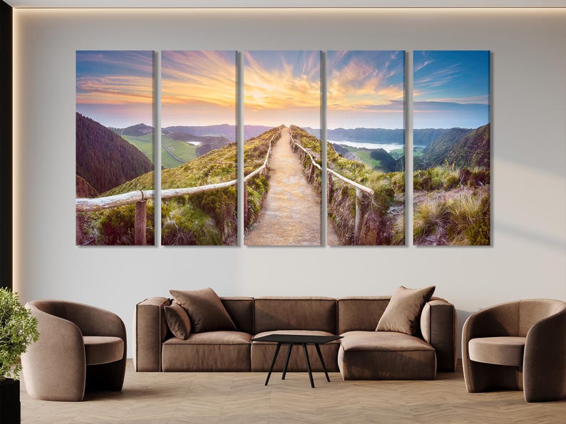 Multi-panel landscape showing a hiking path with wooden railings at sunset under pastel clouds