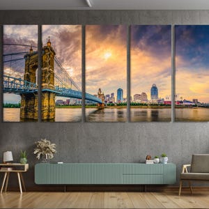 Covington Cityscape Wall Art - John A. Roebling Bridge Canvas Print, Ohio River Art Print, Modern Urban Cincinnati Wall Art for Wall Decor