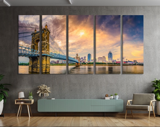 Covington Cityscape Wall Art - John A. Roebling Bridge Canvas Print, Ohio River Art Print, Modern Urban Cincinnati Wall Art for Wall Decor