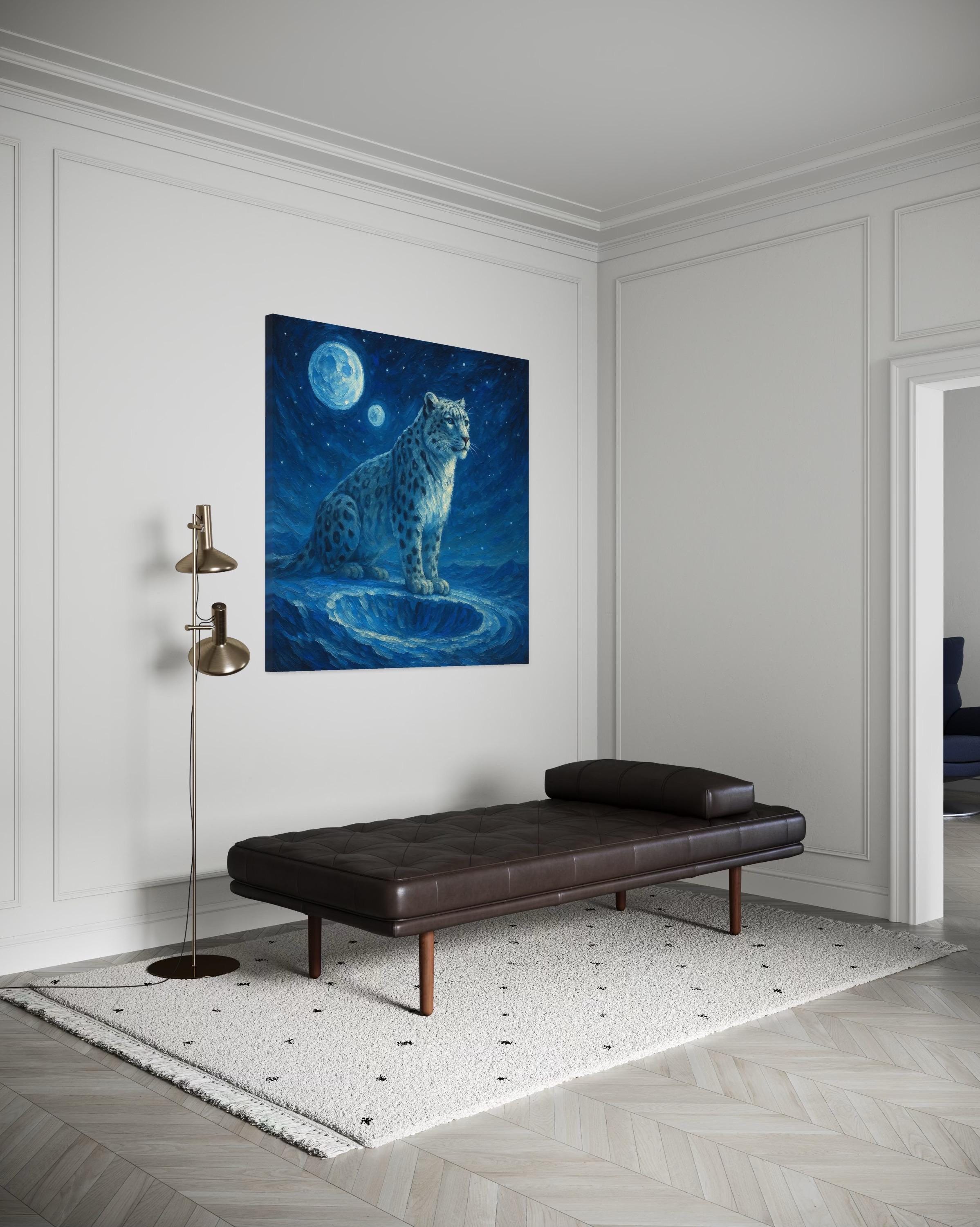 A snow leopard sits on a blue ledge beneath a glowing moon and starry night sky detail view