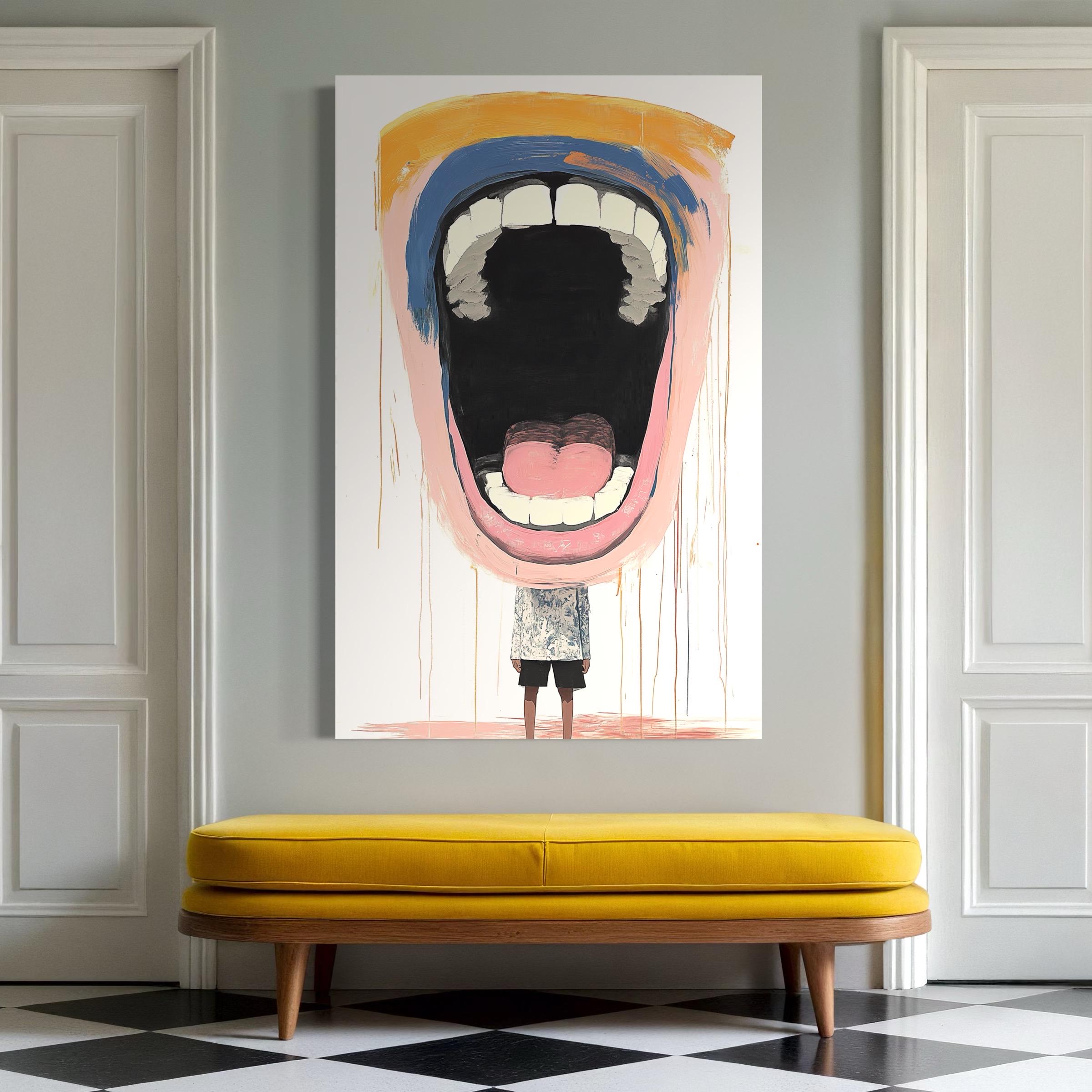 Mockup showing the scream face artwork hung in a bright room by windows