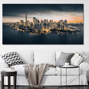 Manhattan Skyline Canvas Wall Art – Dusk Over New York City, Large Urban Landscape Canvas Print for Modern Home or Office Wall Decor