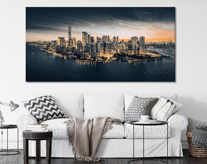 Manhattan Skyline Canvas Wall Art – Dusk Over New York City, Large Urban Landscape Canvas Print for Modern Home or Office Wall Decor
