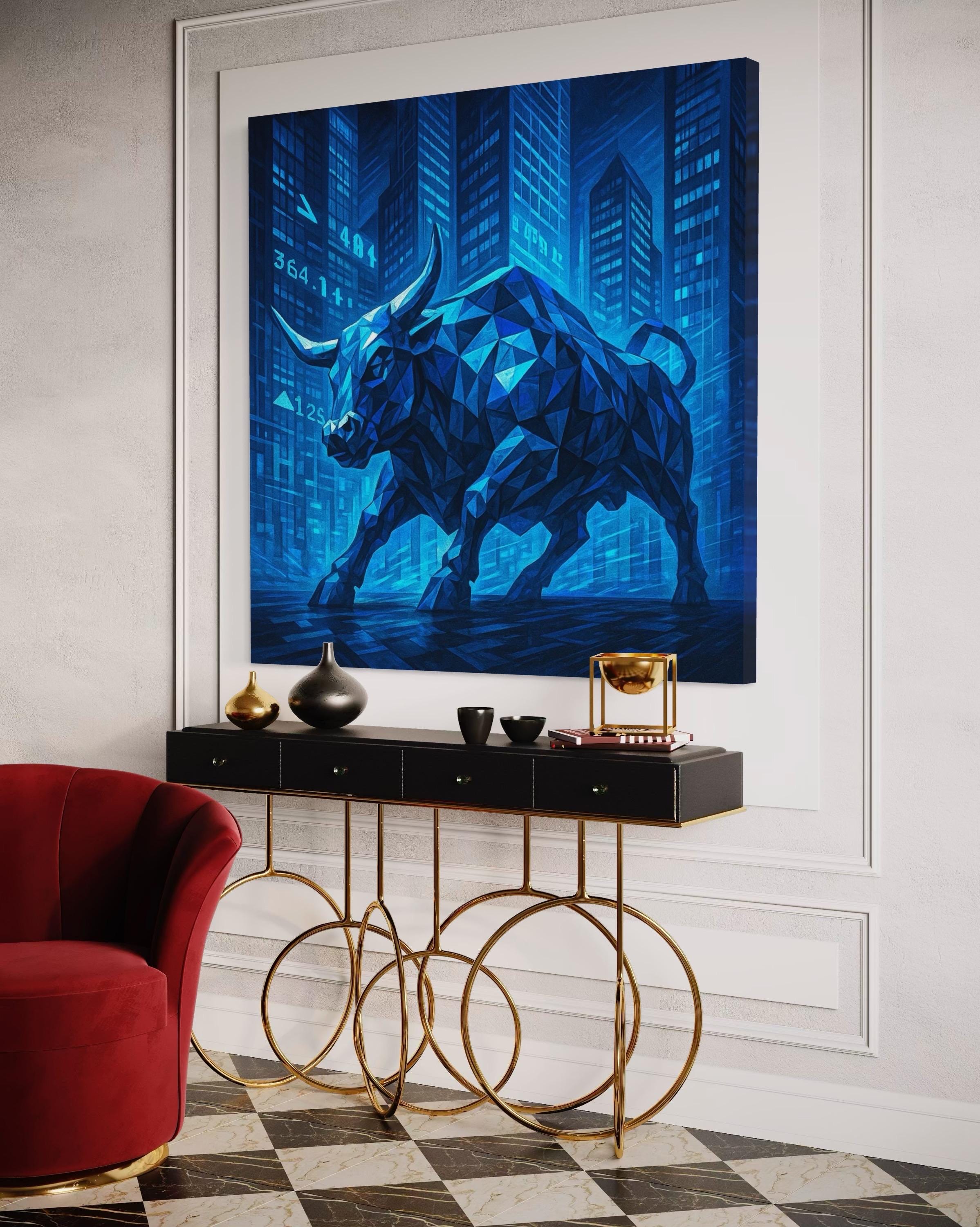 A geometric blue bull stands in a stylised city canyon, its facets catching bright cyan highlights against deep navy buildings and street markings