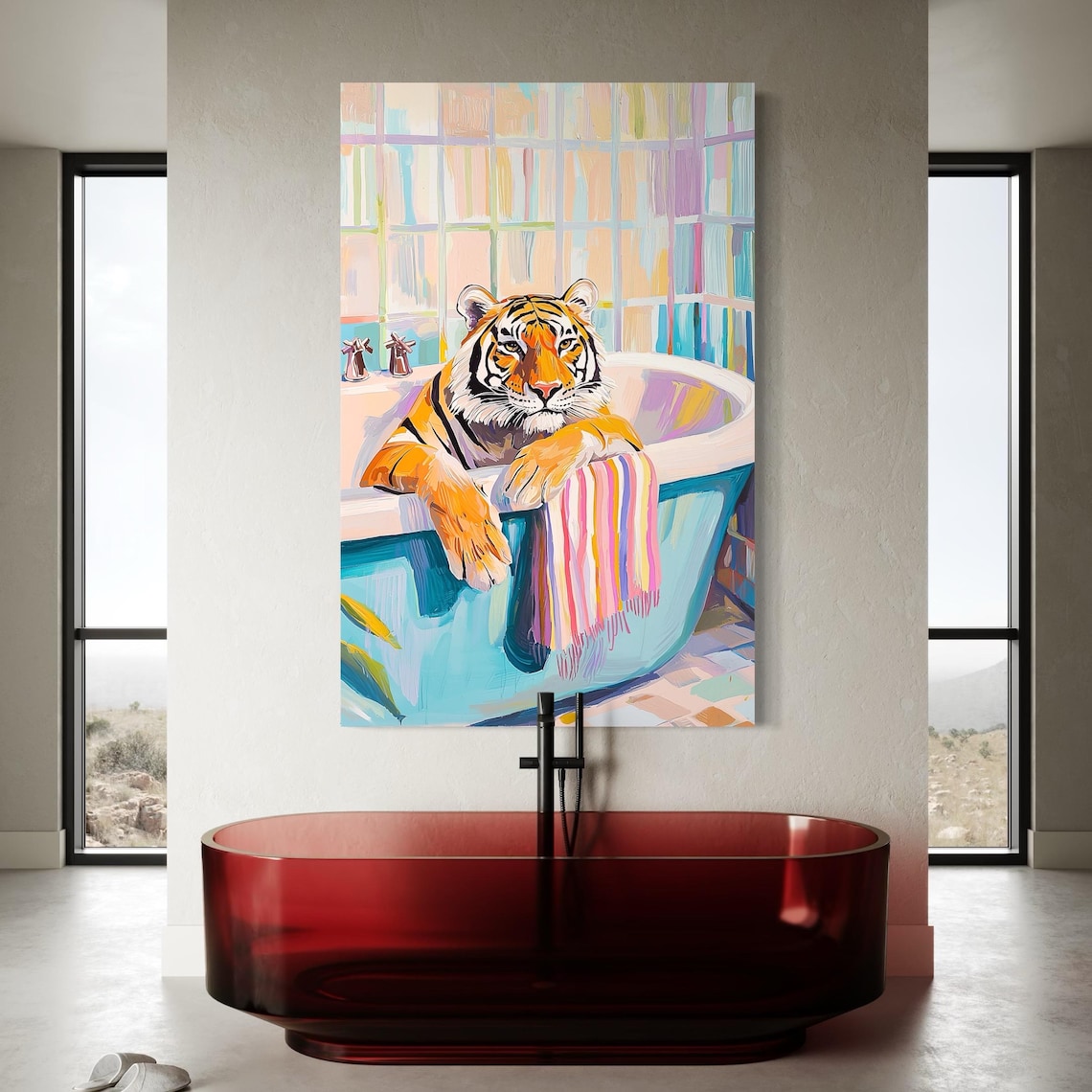 Stylised tiger reclining in a pastel bathtub with bright windowpanes and turquoise pink accents detail view