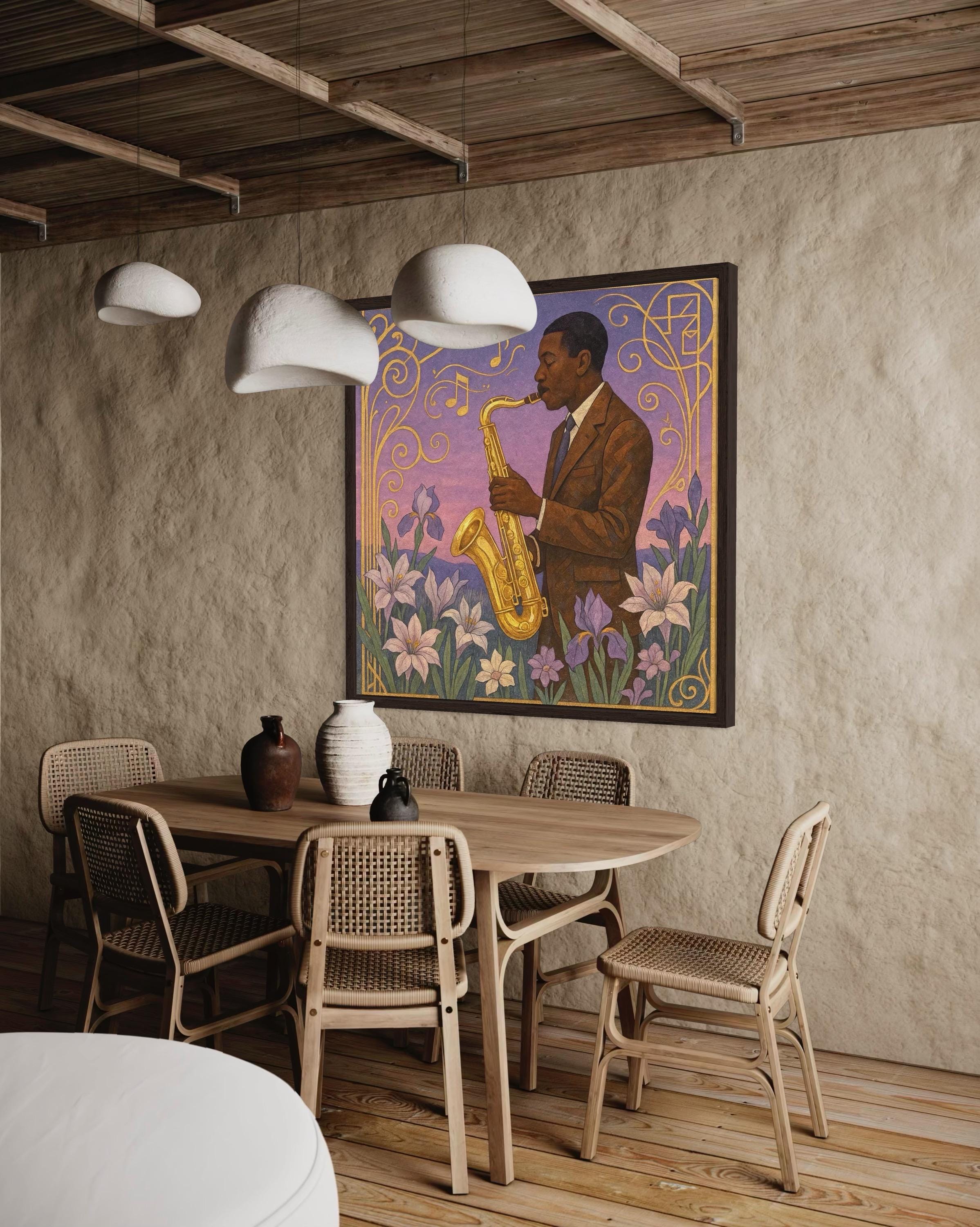 Framed saxophonist wall artwork displayed in a modern interior with marble fireplace surround