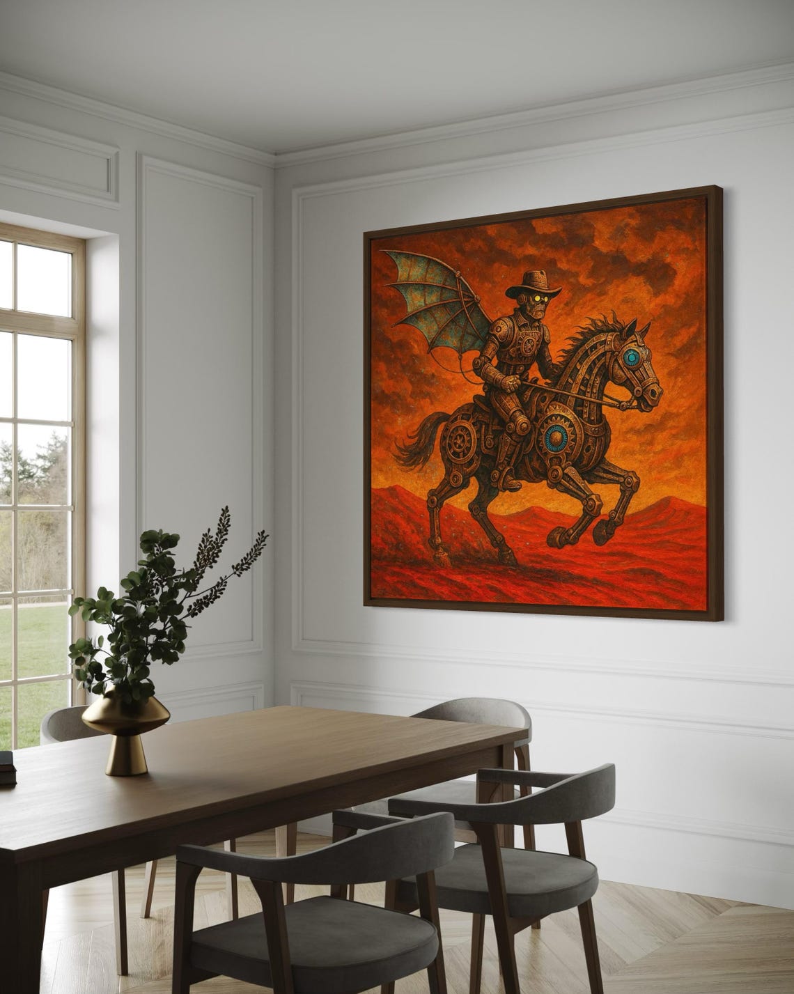 Steampunk cowboy riding a mechanical horse in a fiery orange and red desert scene with turquoise accents detail view