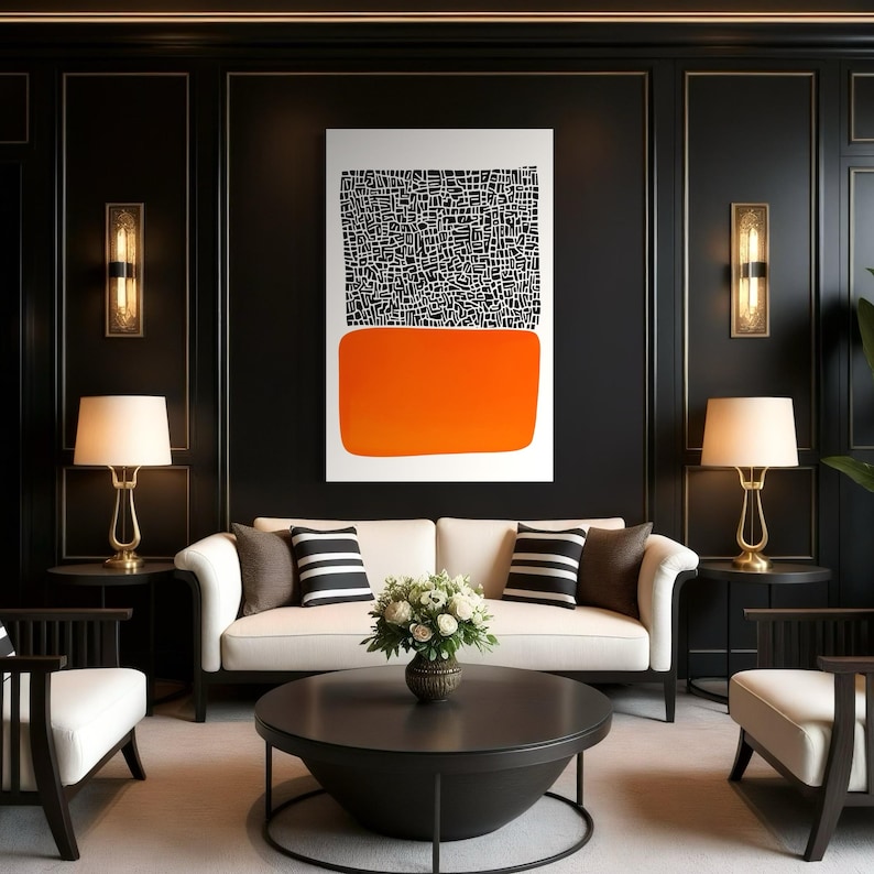 Abstract geometric design with dense black line pattern and a bright orange rounded rectangle on white