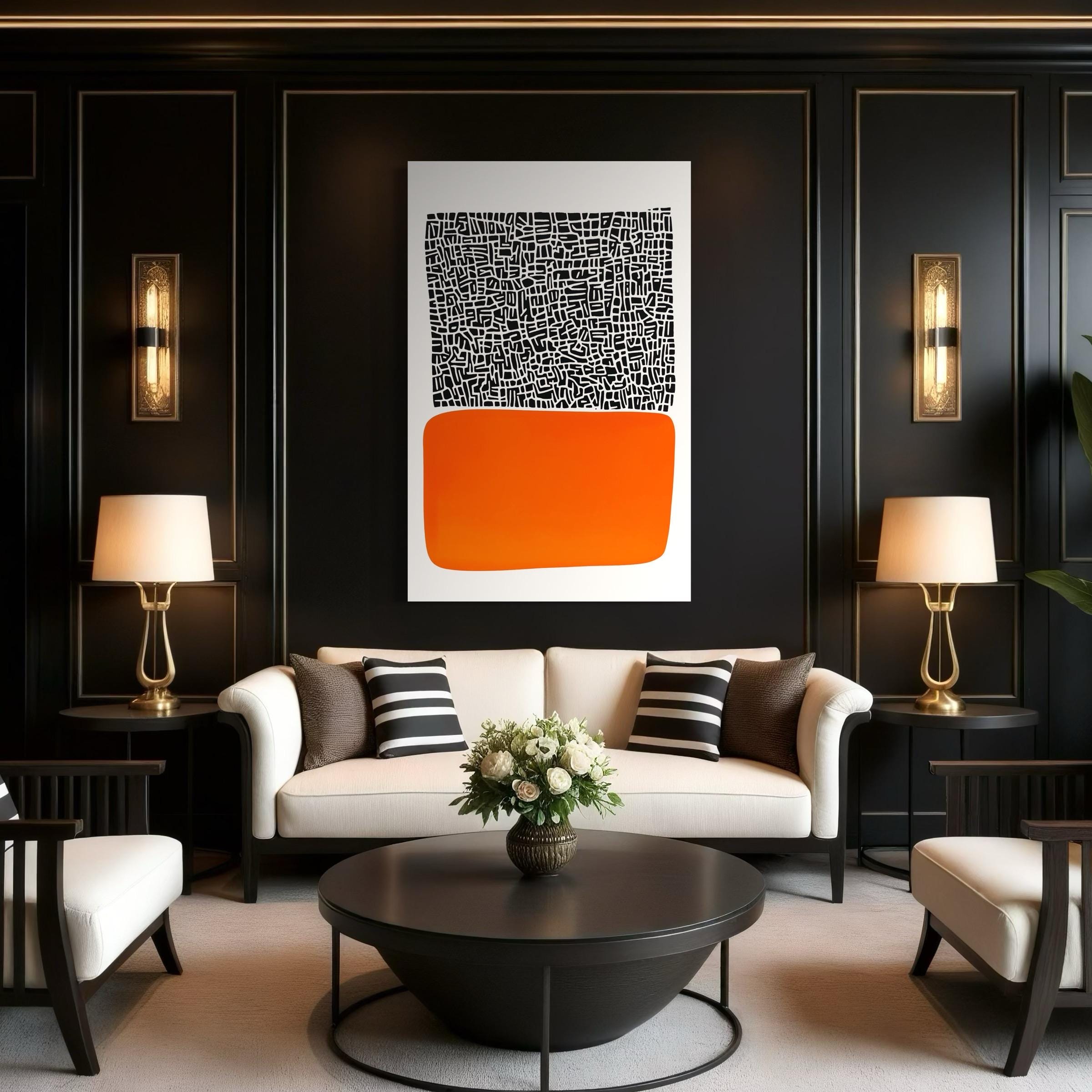 Abstract geometric artwork with dense black linework and a vivid orange rounded block on a white background detail view