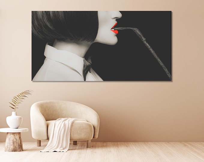 Elegant BDSM Art Print – Bold Red Lips and Whip Wall Art, Sensual Canvas Print Wall Decor for Kinky Boudoir or Dungeon Aesthetic