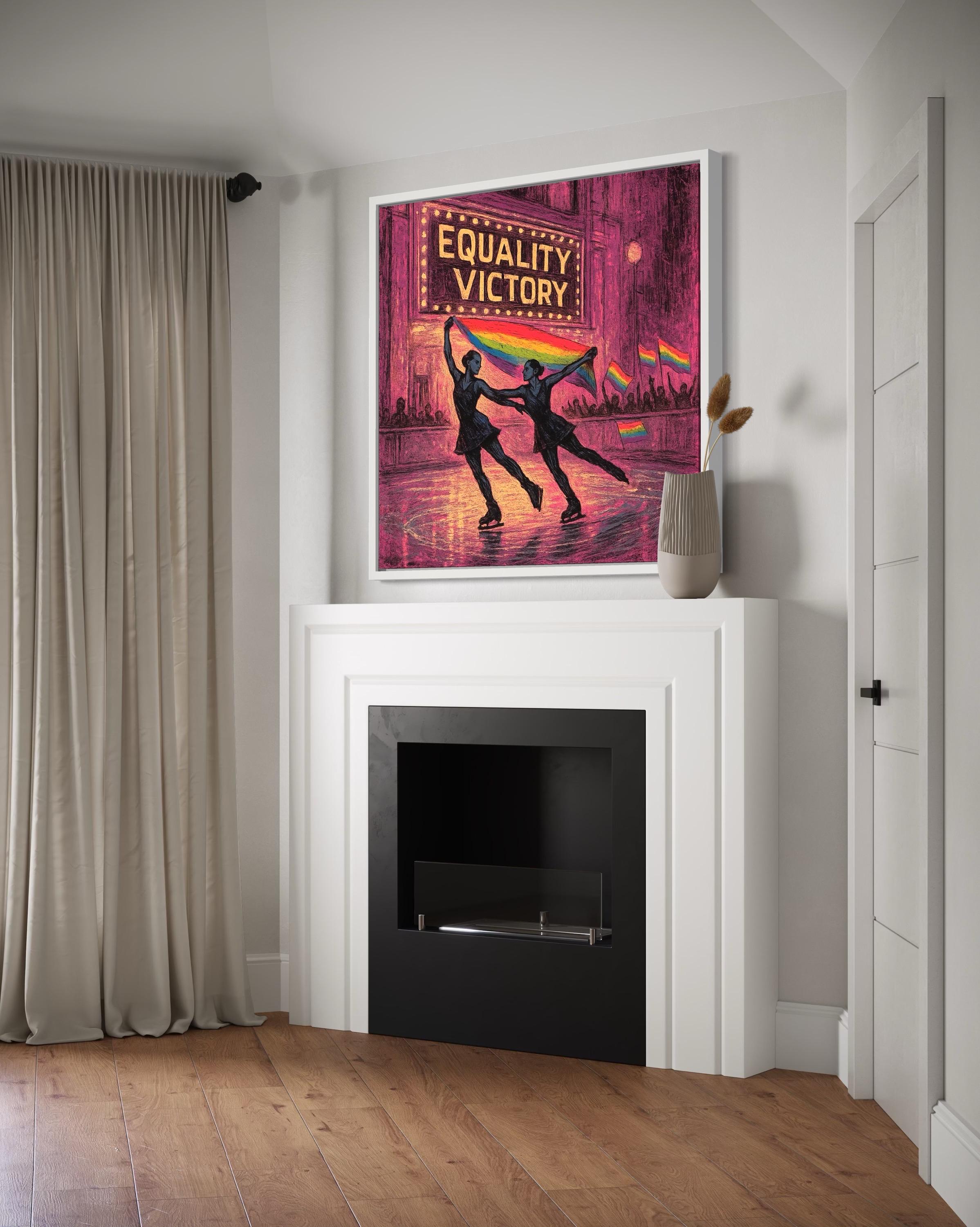 Room mockup showing Equality Victory wall art above a wooden console table