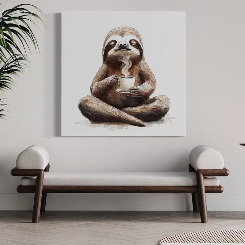 Illustration of a sloth holding a cup of coffee with steam, in warm brown and cream tones on a light grey background