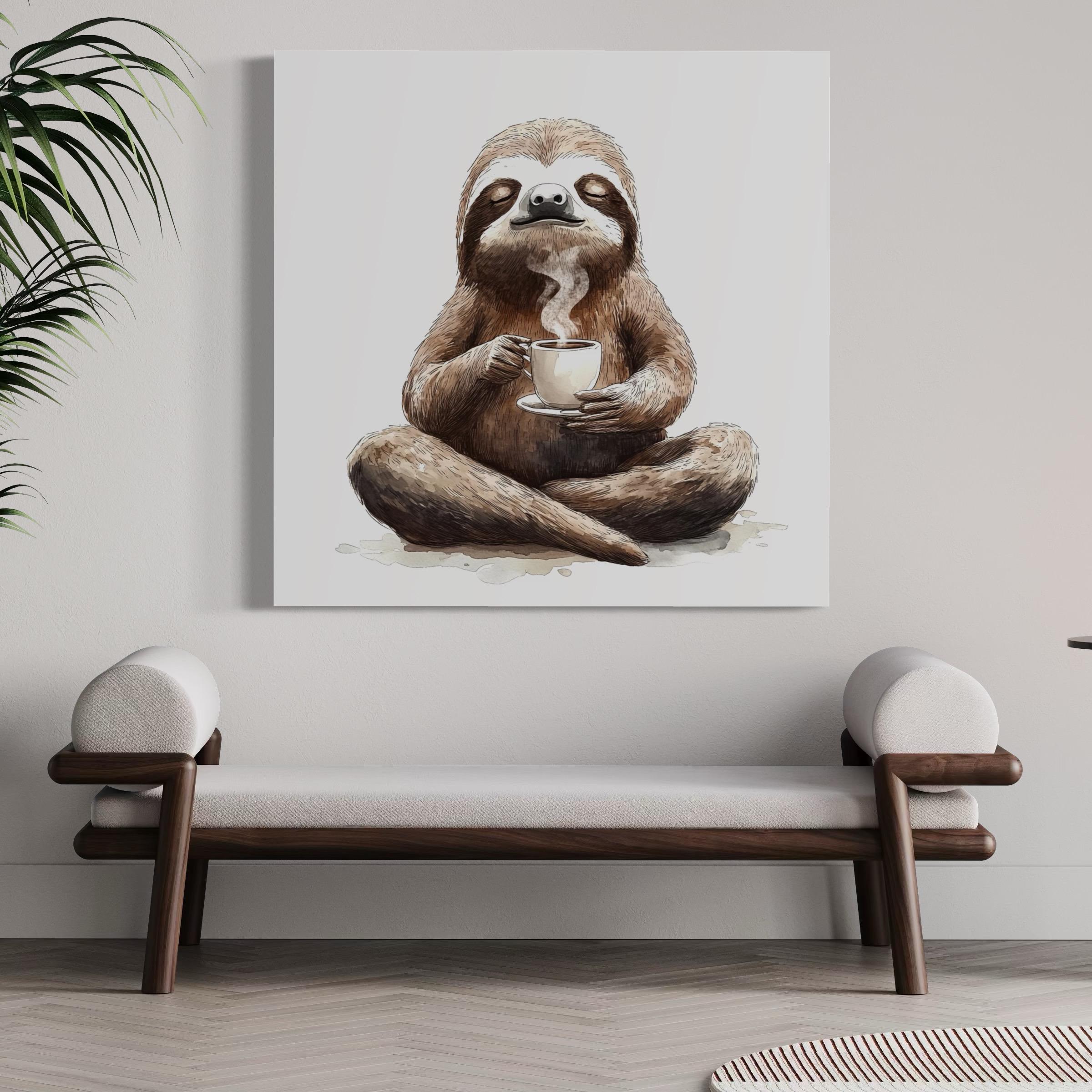 Illustration of a sloth holding a cup of coffee with steam, in warm brown and cream tones on a light grey background