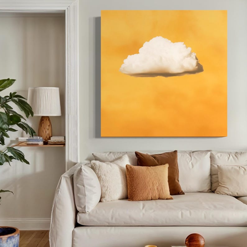 Minimalist white cloud on a bright sunshine yellow background