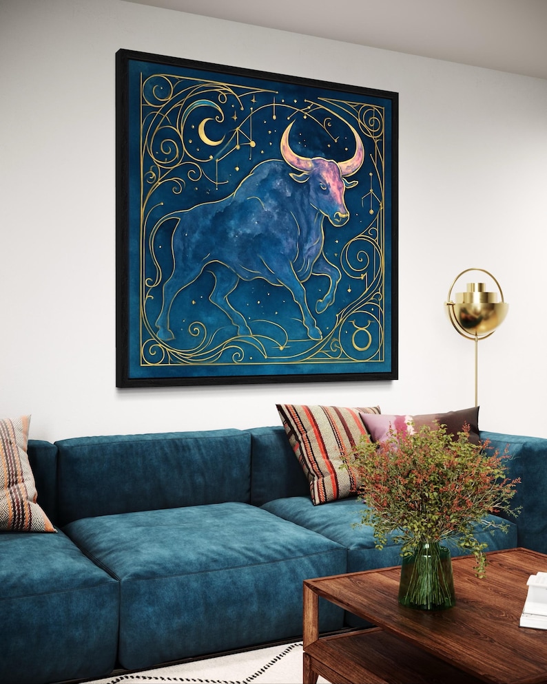 Stylised blue bull beneath a crescent moon with star dots, constellation lines, and ornate gold swirls