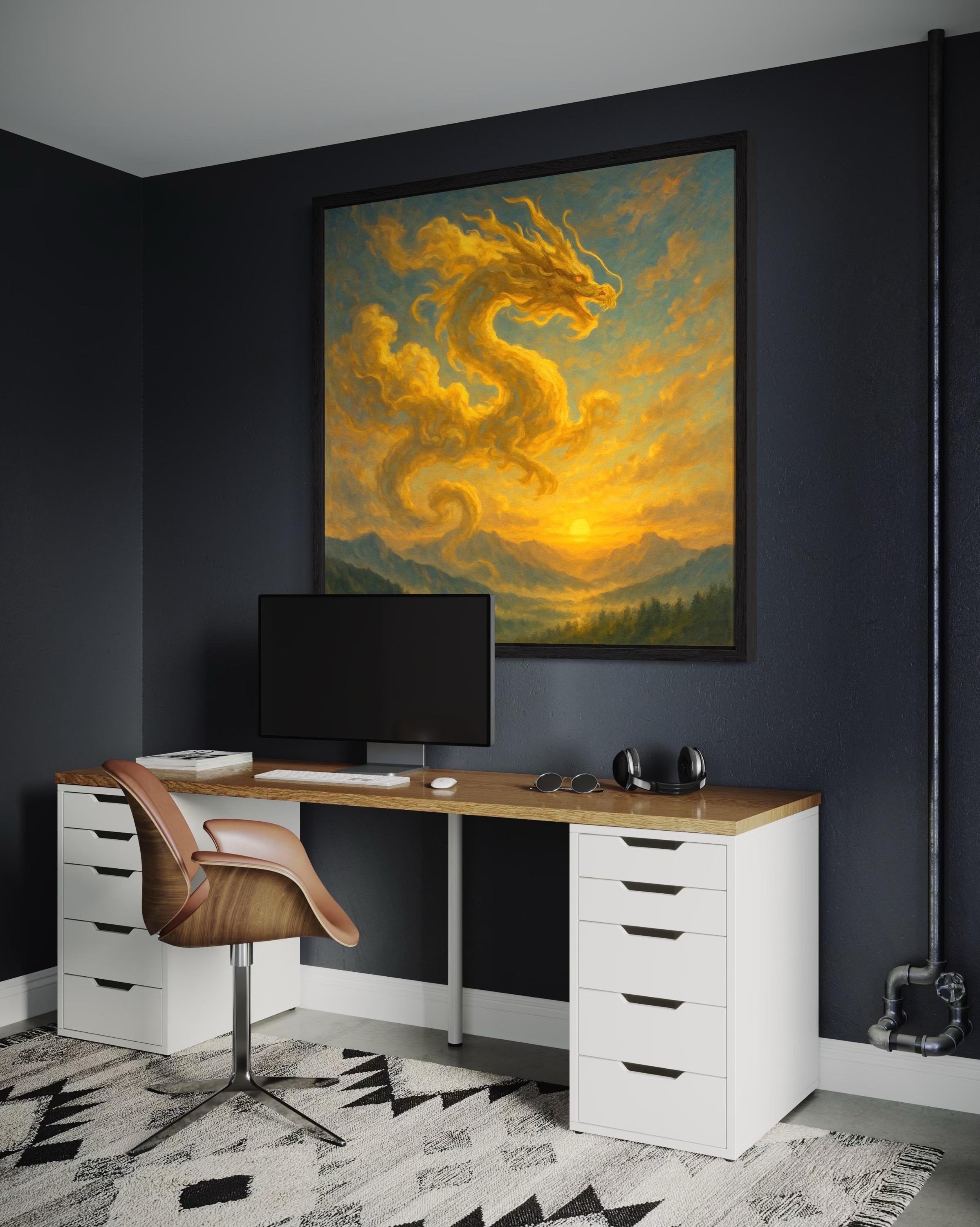 Golden dragon-like silhouette rising through amber clouds over teal mountains at sunset detail view