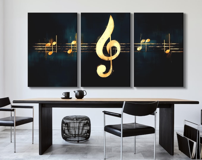 Music Wall Art Treble Clef Canvas Print Golden Musical Notes Artwork Gift for Musicians Living Room Office or Music Studio Decor Music Print