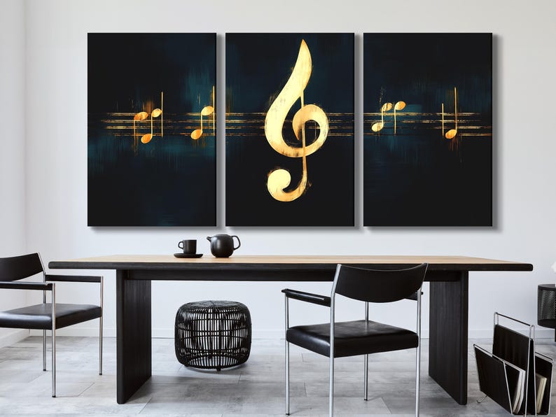 A bold golden treble clef sits over a dark background, with gold musical notes and horizontal staff lines forming a striking, central composition
