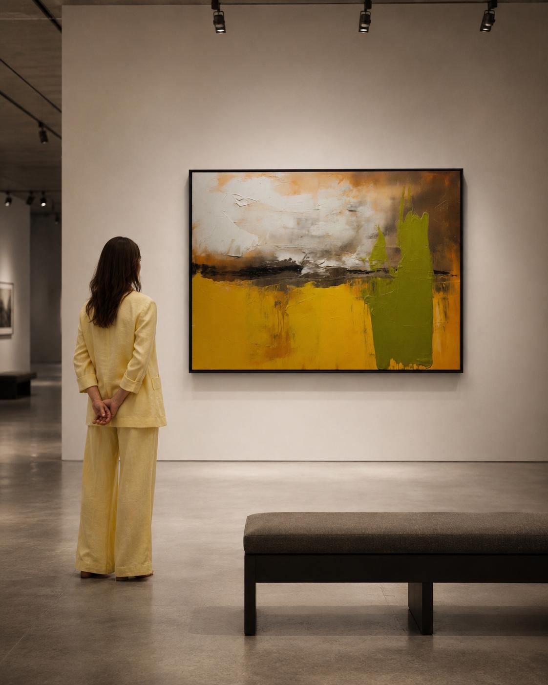 Abstract painting in mustard yellow, olive green, cream and dark charcoal with textured brush marks