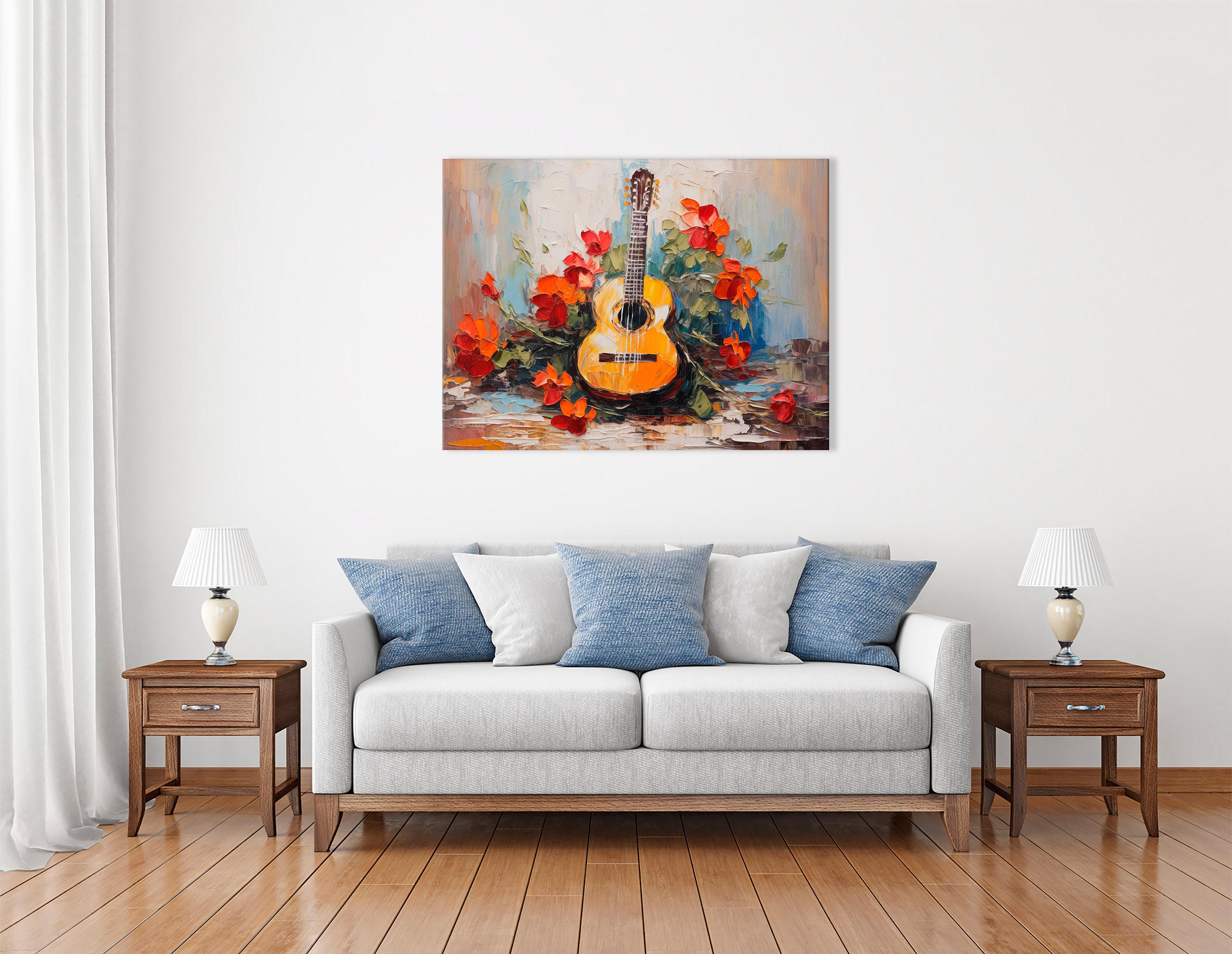 A textured guitar illustration is surrounded by vivid red orange flowers and green leaves on a light, painterly background with layered impasto marks
