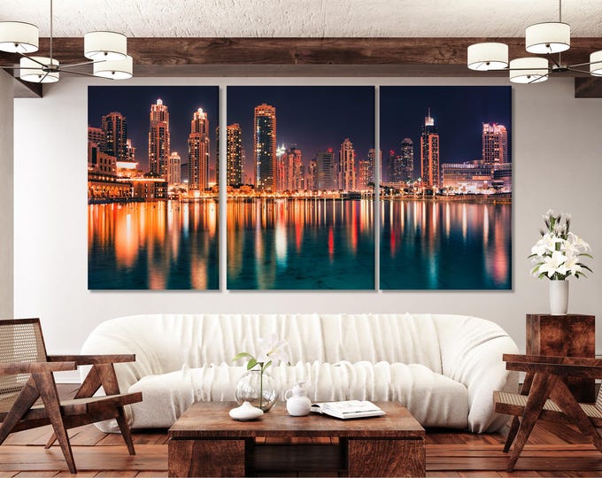 Dubai Skyline Wall Art Night Cityscape Canvas Print Dubai City Lights Wall Decor Modern Urban Artwork Triptych Canvas Living Room Art