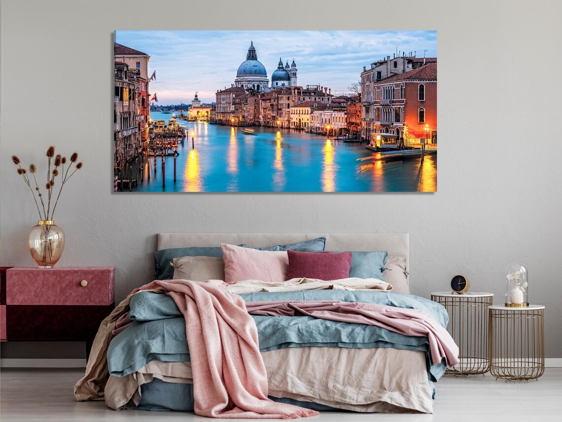 Three-panel Venice canal cityscape at dusk with teal water, warm lights and domed buildings detail view